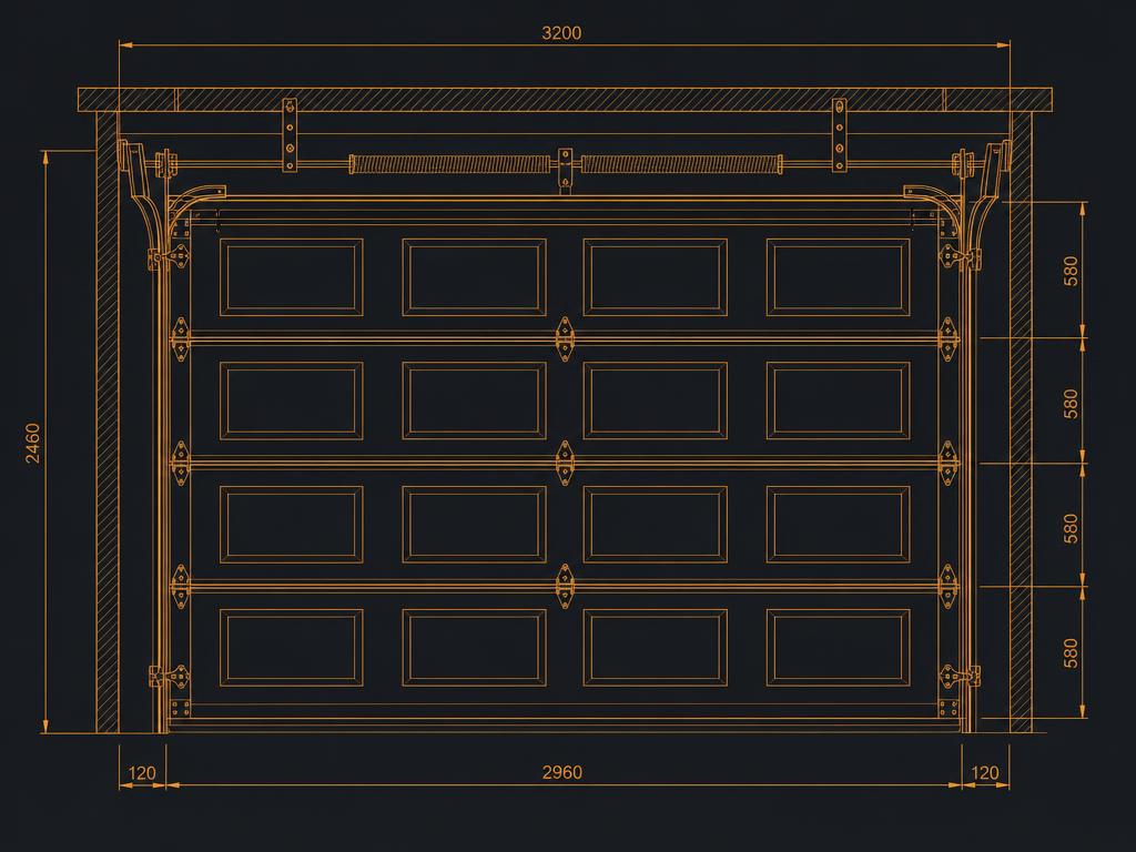 Technische tekening van een sectionale garagedeur met maataanduidingen en rails